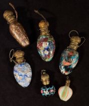 Six marbled colouyred glass perfume bottles all with gold inclusions