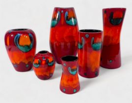 Six assorted Poole Pottery ‘Volcano’ pattern vases in varying sizes and styles, comprising,