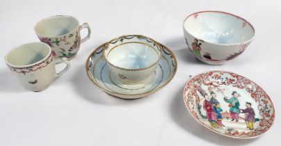 An 18th century New Hall porcelain bowl painted with 'Boy and Butterfly' pattern in polychrome,