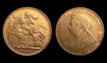 Queen Victoria gold sovereign, Perth Mint Mark, 1899, Obverse Veiled Head, Reverse St George &