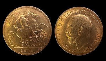 George V gold half-sovereign, 1914, Obverse portrait of monarch by Edgar Bertram Mackennal,