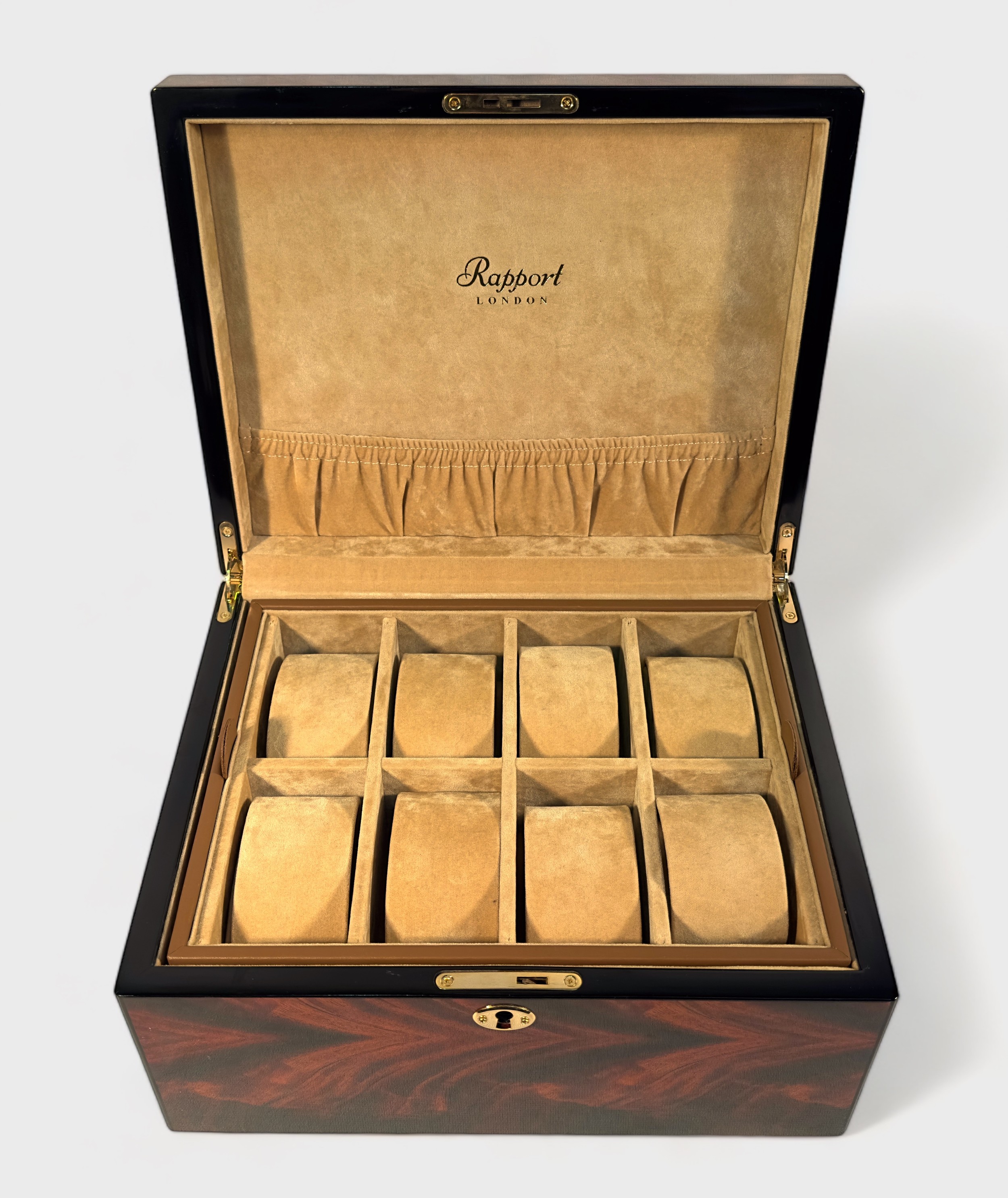 A Rapport London burr wood effect watch box, with lined and compartmented interior with eight - Image 3 of 5