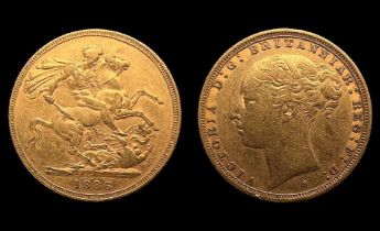 Queen Victoria gold sovereign, Sydney Mint Mark, 1886, Obverse Young Head, Reverse St George &