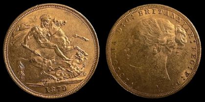 Queen Victoria gold sovereign, Sydney Mint Mark, 1879, Obverse Young Head, Reverse St George &