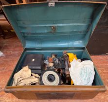 A metal trunk containing various box camera peripherals, including The Westminster Photographic