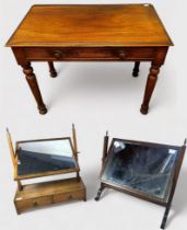 A Victorian mahogany rectangular side table with single drawer, turned wooden pulls, raised on