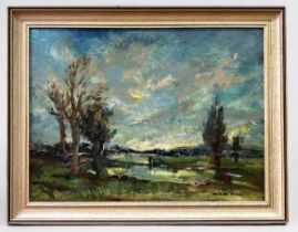 Adrian Hill PROI, RBA (1895-1977) ‘On the Rother’, signed, dated to verso 1971, oil on board,
