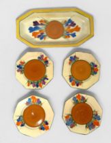 Bizarre by Clarice Cliff, an Art Deco sandwich set ‘334’ in the Autumn Crocus pattern, comprising