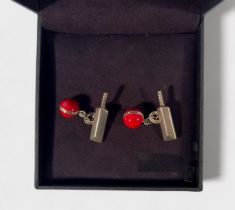 A pair of sterling silver and enamel cufflinks by Links of London, modelled as a cricket bat and