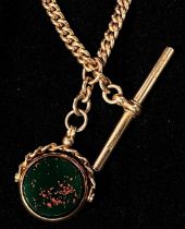 A 9ct gold curb Albert chain with two dog clips, t-bar and bloodstone and carnelian swivel fob,