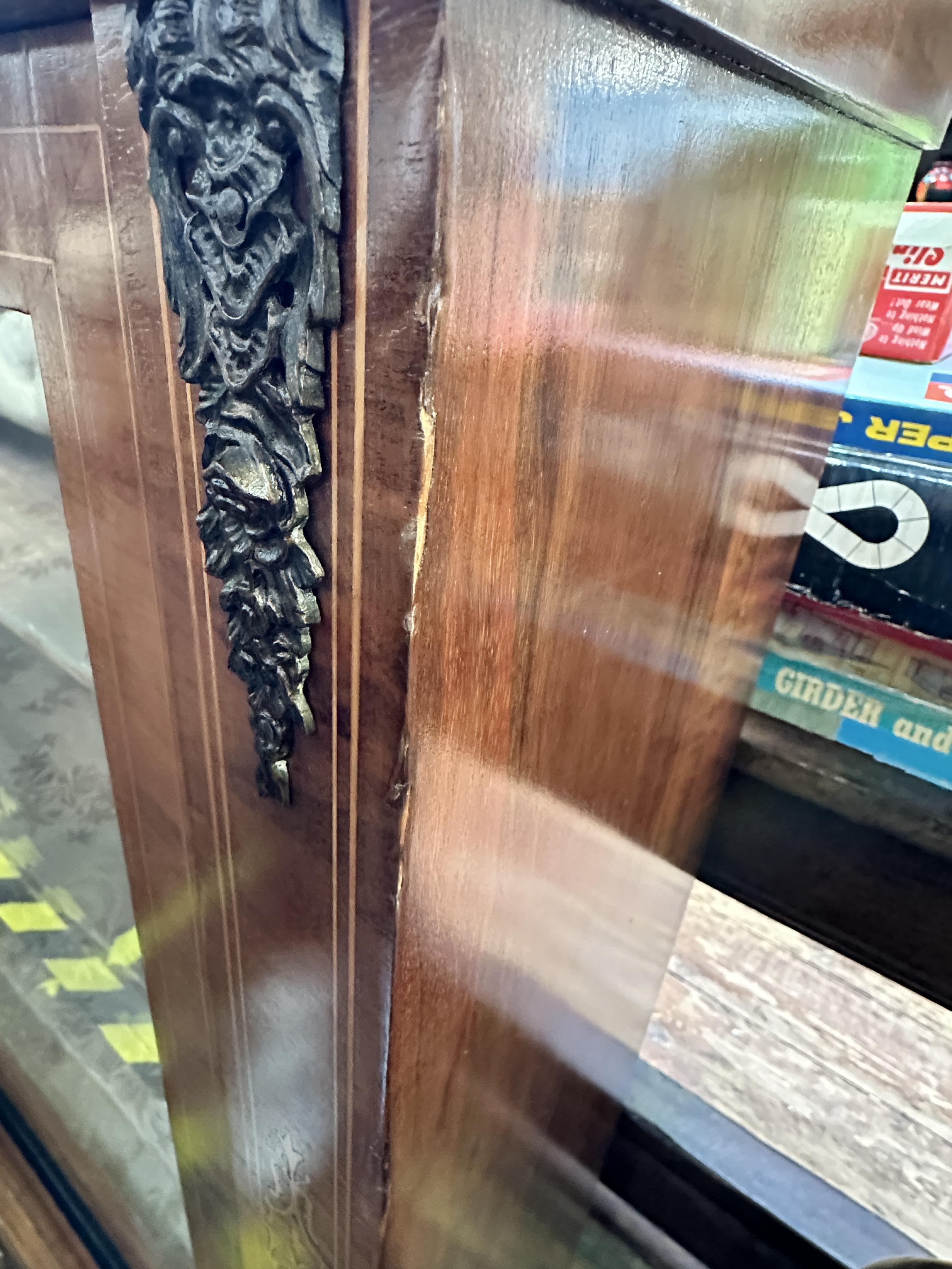 A Victorian inlaid walnut pier cabinet, with single central glazed door enclosing three shelves, - Image 7 of 9