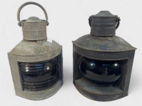 A non-matching set of Port and Starboard lamps, of typical form, one finished with black paint, Port