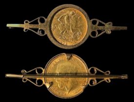 A George V 1913 22ct gold half-Sovereign, in 9ct gold brooch mount, gross weight approximately 7.1g