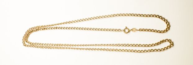 A 9ct gold curb-link chain, weighs 18.1 grams, measures approximately 30 inches in length.