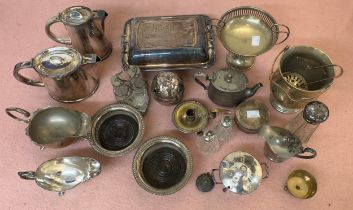 A quantity of silver-plated ware including an Elkington oval teapot and matching coffee pot, pair of