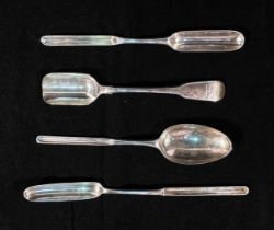 Four items of Georgian silver flatware, comprising two Georgian silver marrow scoops including a