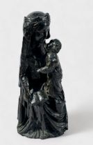 A patinated cast bronze figure of the Madonna and Child, Mary being seated with her arm wrapped