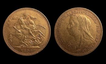 Queen Victoria gold sovereign, Pretoria Mint Mark, 1895, Obverse Veiled Head, Reverse St George &