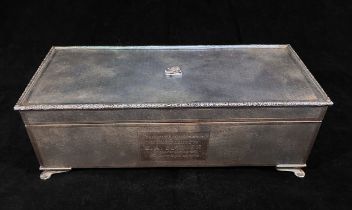A silver cigarette box by John Rose, of rectangular form, with engine turned decoration an applied