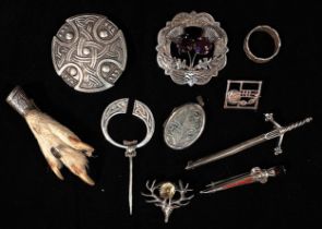 Various Scottish Provincial Silver comprising Celtic plaid brooch, penannular brooch, amethyst