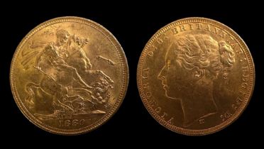 Queen Victoria gold sovereign, Melbourne Mint Mark, 1880, Obverse Young Head, Reverse St George &