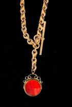 A 9ct gold rope-link double Albert chain with dog clips, t-bar and carnelian and bloodstone swivel