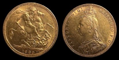 A Queen Victoria gold sovereign, 1889, Melbourne Mint Mark, Jubliee portrait Obverse , Reverse St