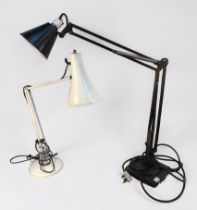 A white Anglepoise table lamp with circular base, bearing Angelpoise label to shade, together with a