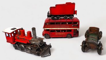 Three various decorative tin-plate models, including a London Double Decker Bus, a Steam