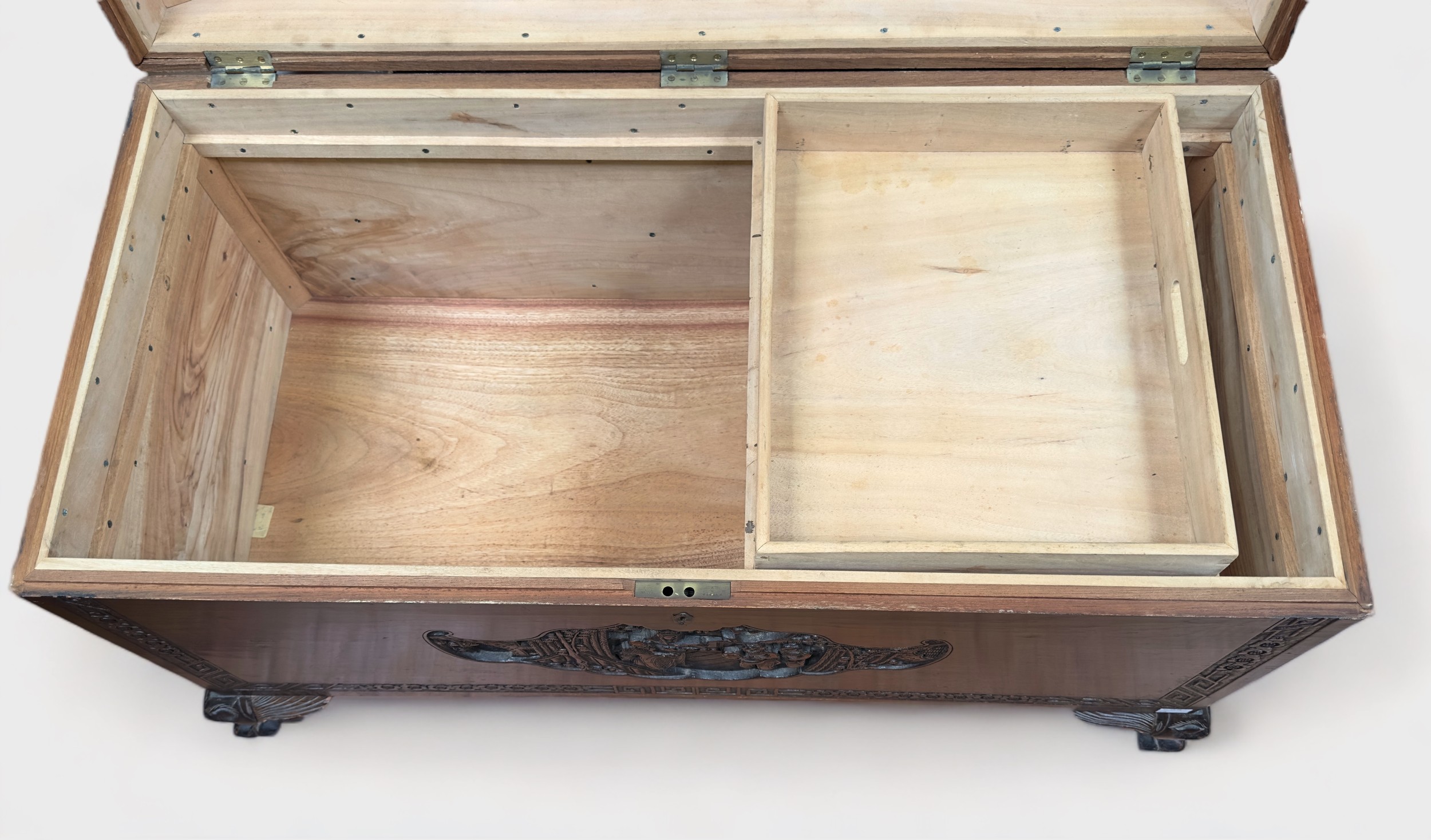 An Oriental carved camphor wood blanket chest, of rectangular form with hinged top, inset carved - Image 3 of 3