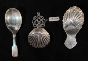 Three various silver caddy spoons including a George IV example by John, Henry and Charles Lias,