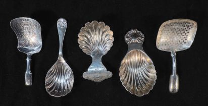 Five various silver caddy spoons including a George IV example by Joseph Willmore, hallmarked