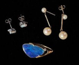 A pair of 18ct white-gold and opal earrings, 1.92g, together with a pair of 9ct gold pearl-drop