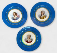 Three Sevres Porcelain cabinet plates, each with 'bleu celeste' grounds within burnished gilt