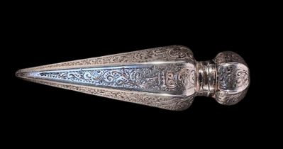 A Victorian silver perfume bottle, of hexagonal tapering form with foliate engraved panels, vacant