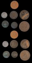 A loose collection of circulated world coins, including a 1797 George III 'cartwheel' penny in EF