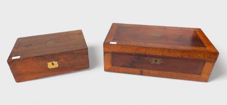 A Victorian mahogany writing slope with walnut veneer and brass inlay, together with a smaller