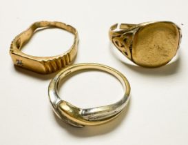 Three various 9ct yellow gold rings, (one broken, total weight 7.4 grams.