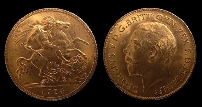 George V gold half-sovereign, 1914, Obverse portrait of monarch by Edgar Bertram Mackennal,