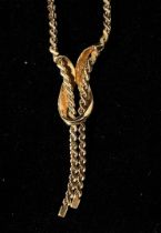 A 14K gold necklace, of flat snake-link type with ribbon-loop pendant and open ends, sliding