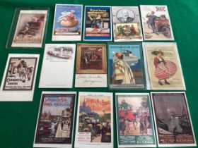 Some 26 advertising postcards (all photographed), including good French railway poster-type interest