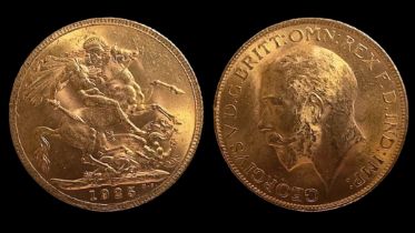 George V gold sovereign, 1925, Pretoria SA mint mark, Obverse portrait of monarch by Edgar Bertram