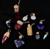 Eleven various miniature scent/ perfume bottles including 4x Bristol blue, 3x Ruby red glass,