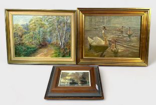 Three various oil studies comprising a scene of four swans on water, unsigned, oil on canvas, a