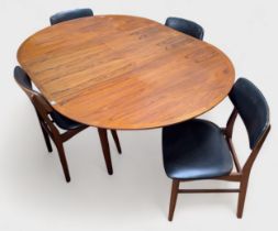 A set of four 1960s Danex Furniture teak dining chairs, black vinyl backrest and seats, makers label