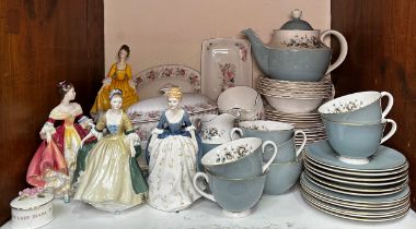 A Royal Doulton ‘Rose Elegans’ pattern part tea set, together with, four Royal Doulton crinoline