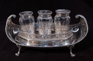 A George III silver gondola shaped inkstand, by Burrage Davenport, with beaded edge and pierced