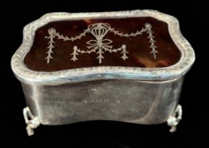 An Edwardian silver and tortoiseshell pique work trinket box by Levi & Salaman, with velvet lined