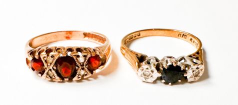 A 9ct yellow gold sapphire and diamond three stone ring, and a 9ct yellow gold dress ring set with