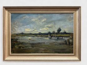 Adrian Hill PROI, RBA (1895-1977) Riverside landscape study with sailing boat, signed, oil on board,